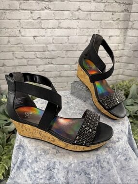 JUSTICE - Black Embellished Cross-Band Cork Wedge Fashion Sandals 🖤 Girls 3M